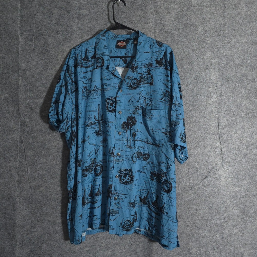 Harley-Davidson Route 66 Shirt Mens 3XL Blue Camp Button Up Motorcycle Beach